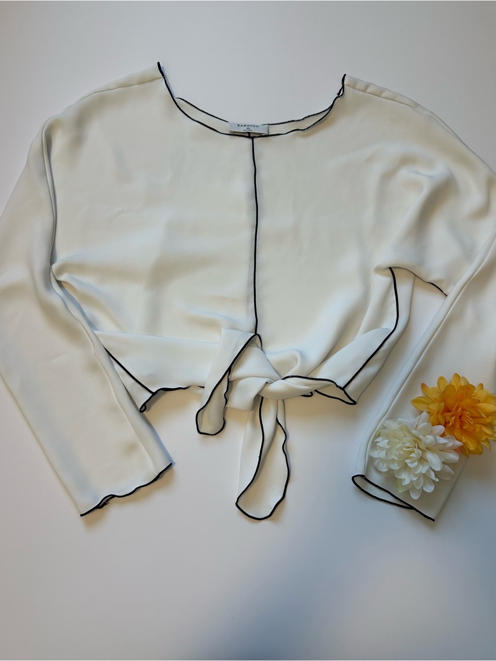 Babaton Ivory Tie-Front Crop Top with Black Trim